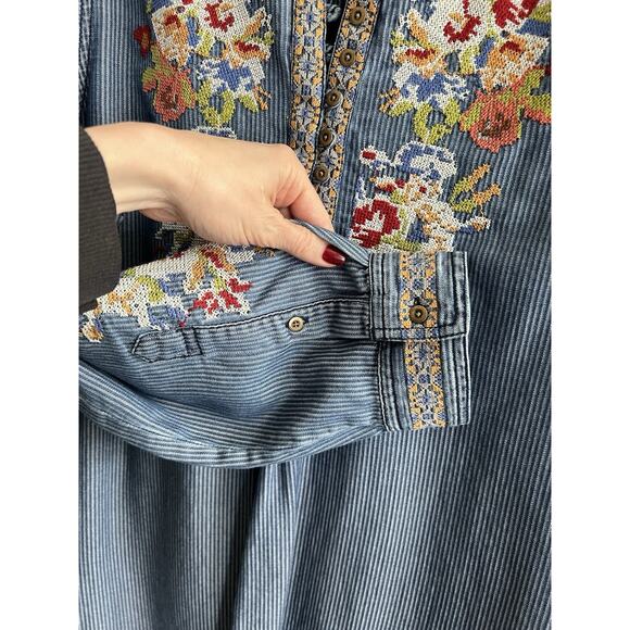 SUNDANCE Kenza Floral Cross Stitch Embroidered Chambray Striped Tunic Blouse L - Picture 3 of 12